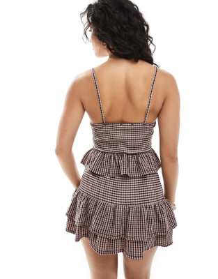 Miss Selfridge Crinkle Gingham Frill Top In Multi