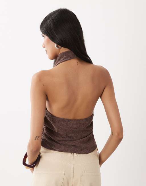 Miss Selfridge crinkle halterneck top in brown - part of a set, 4 of 4