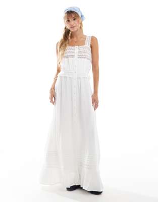 crinkle lace insert strappy maxi dress in cream-White