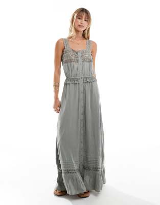 crinkle lace insert strappy maxi dress in washed gray-Green