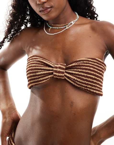 Miss Selfridge crinkle stripe knot front bandeau bikini top in neutral stripe - view 1