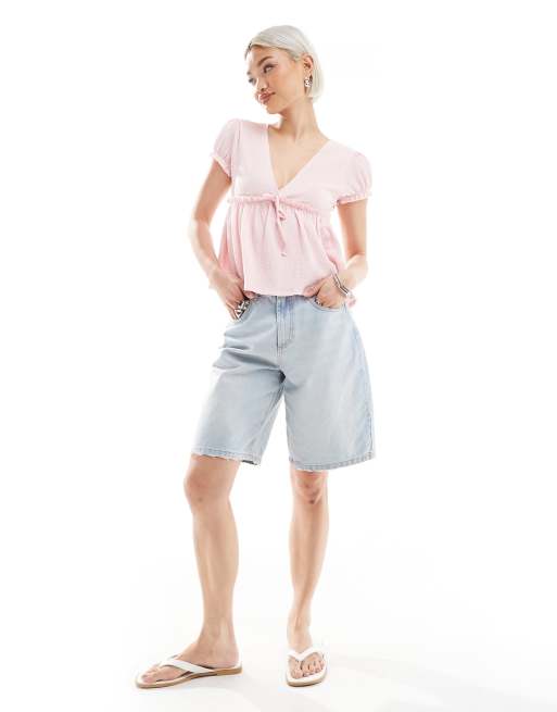 Miss Selfridge crinkle textured jersey baby doll top in pink, 2 of 4