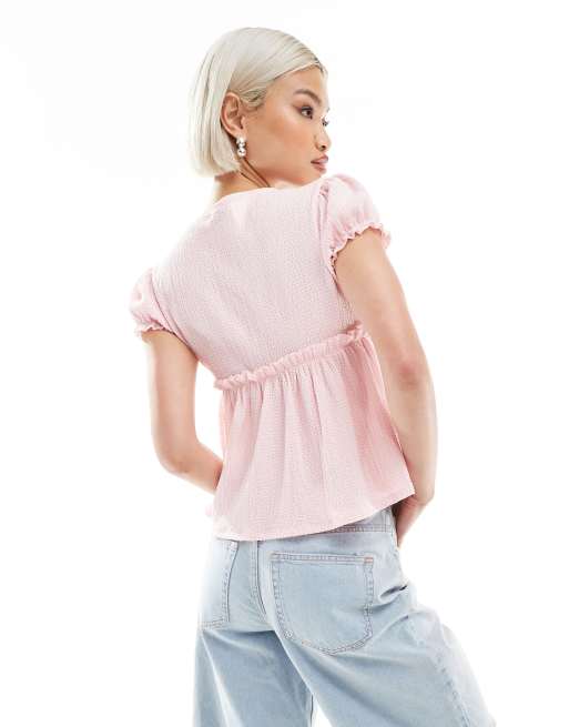 Miss Selfridge crinkle textured jersey baby doll top in pink, 3 of 4