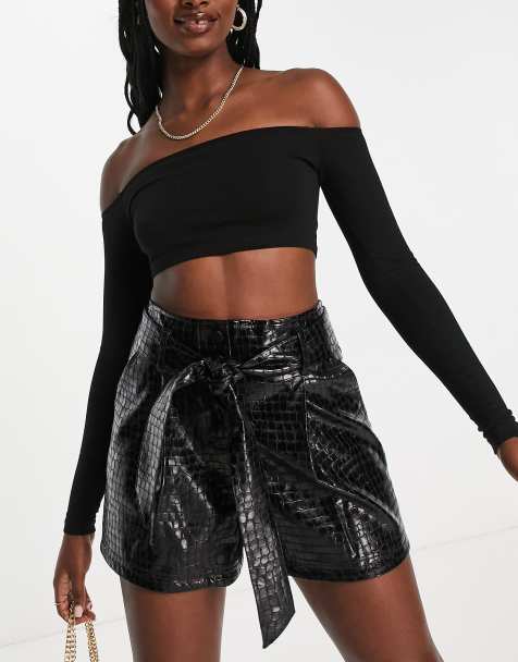 Miss Selfridge croc belted shorts in black - view 1
