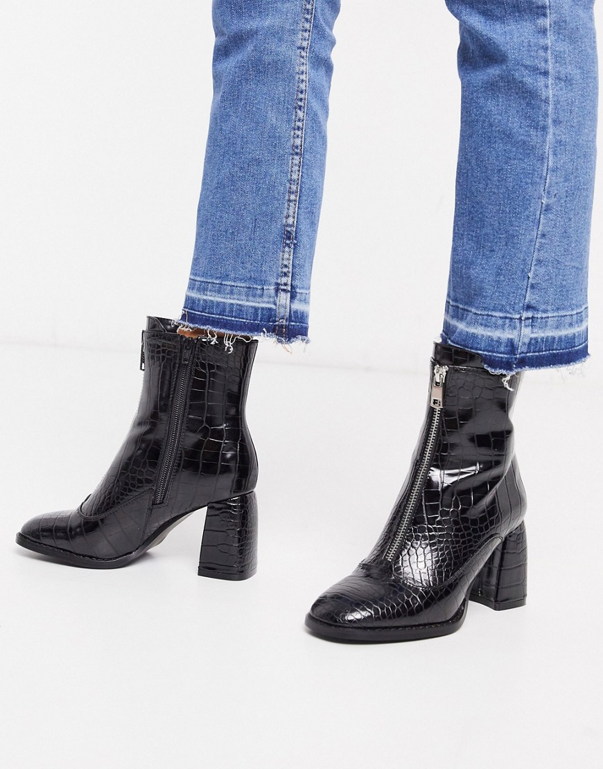 Miss Selfridge croc boots with flared heel in black