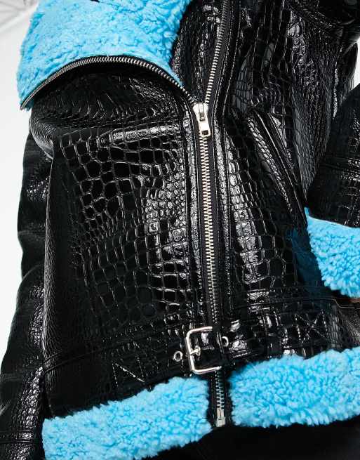 Miss Selfridge croc faux leather contrast borg fleece aviator jacket in black, 3 of 4