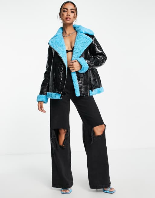 Miss Selfridge croc faux leather contrast borg fleece aviator jacket in black, 4 of 4