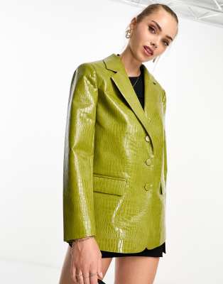 Miss Selfridge Croc Faux Leather Oversized Blazer In Olive-green