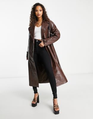 Miss Selfridge croc faux leather trench coat in chocolate