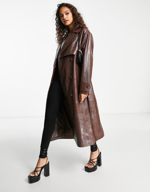 ASOS DESIGN oversized croc vinyl trench coat in brown