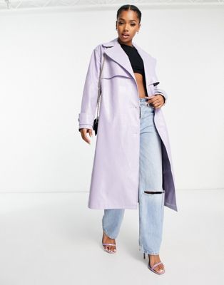 Miss Selfridge croc faux leather trench coat in lilac