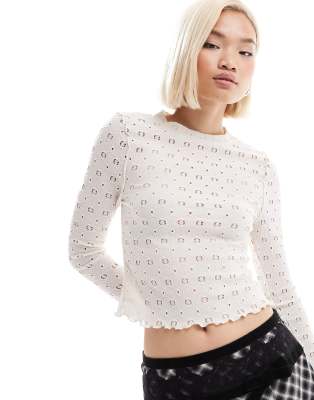 crochet and ruffle mix long sleeve top-White