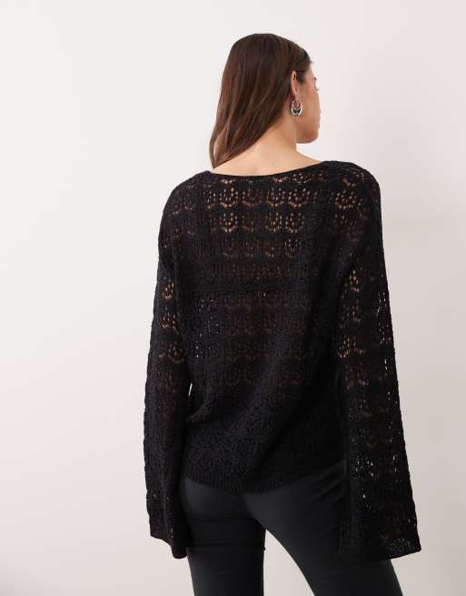 Miss Selfridge crochet boho tie front festival cardigan in black, 4 of 4
