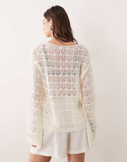 Miss Selfridge crochet boho tie front festival cardigan in cream, 4 of 4