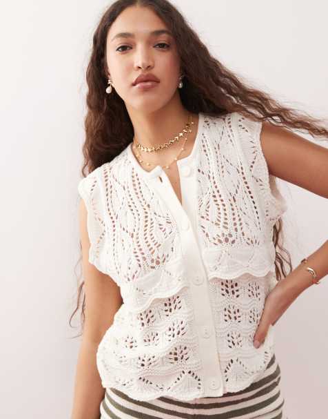 Miss Selfridge crochet button up knit tank top in cream - view 1