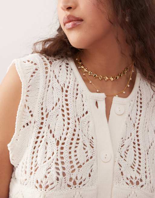 Miss Selfridge crochet button up knit tank top in cream, 3 of 4