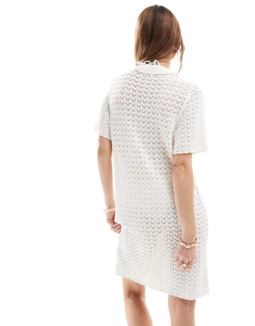 Miss Selfridge crochet contrast polo button through knit dress in cream
