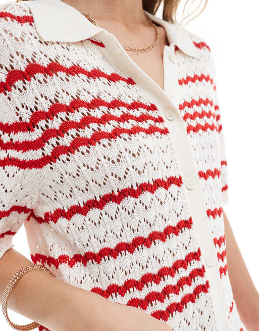 Miss Selfridge crochet contrast polo button through knit dress in red stripe