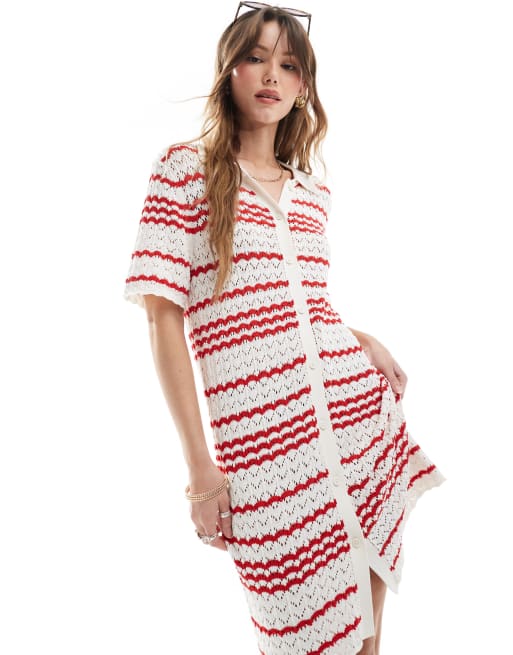 Miss Selfridge crochet contrast polo button through knit dress in red stripe