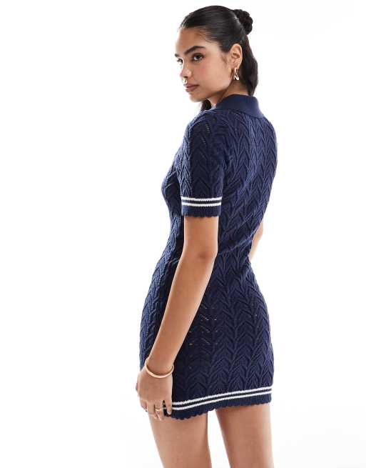 Miss Selfridge crochet contrast polo collar mini dress in navy