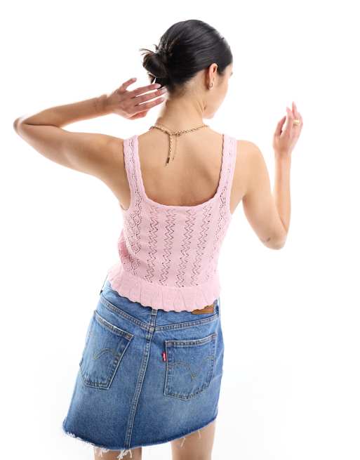 Miss Selfridge crochet contrast satin lace up bow cami in soft pink , 4 of 4