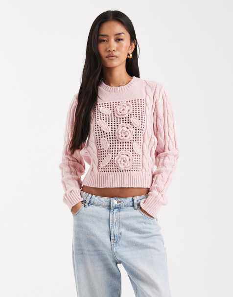 Miss Selfridge crochet floral crop jumper in soft pink - view 1