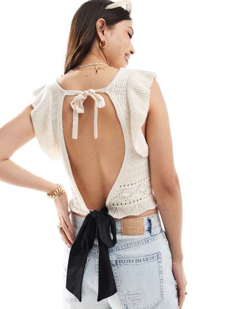 Miss Selfridge crochet frill sleeve detail open back contrast bow top in cream - view 1