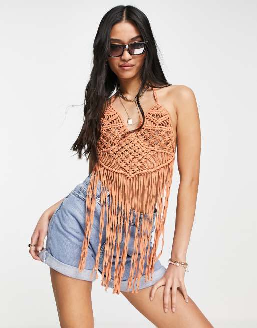 Topshop knit halter neck ribbed top in blue