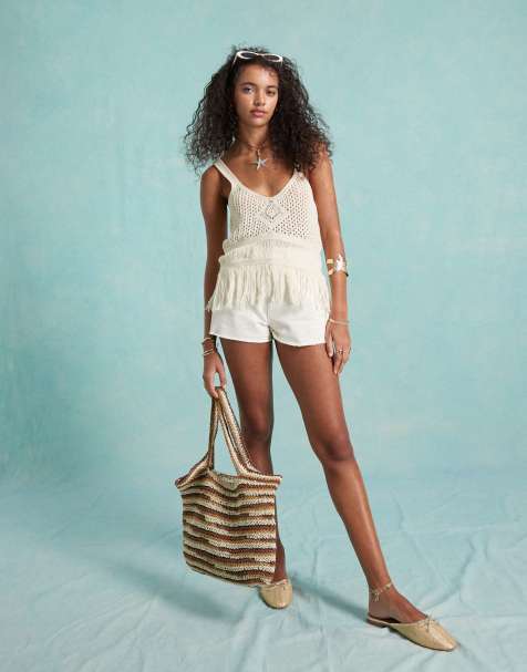Miss Selfridge crochet fringe hem vest top in cream - view 1