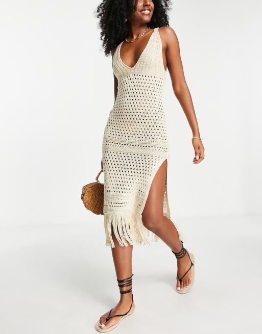 Miss Selfridge crochet fringe midaxi dress in cream ASOS