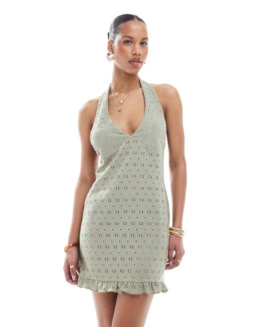 Miss Selfridge crochet halter neck backless mini summer dress in khaki green
