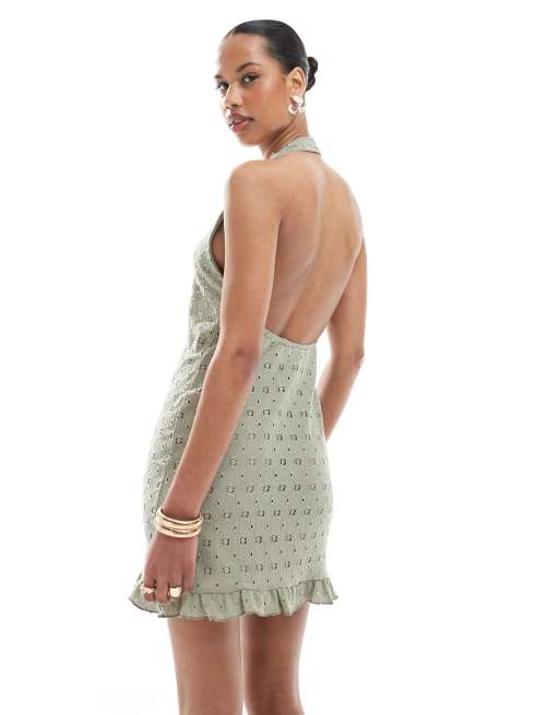 Miss Selfridge crochet halter neck backless mini summer dress in khaki green