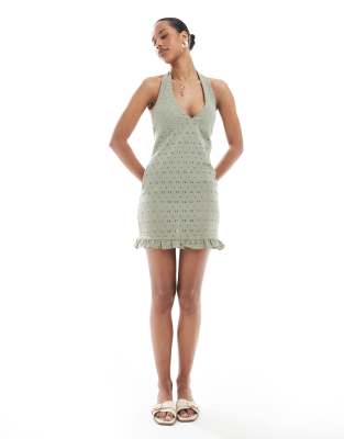 Miss Selfridge Miss Selfridge crochet halter neck backless summer mini dress in khaki-Green