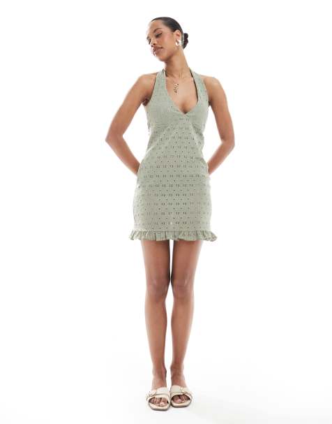 Miss Selfridge crochet halter neck backless summer mini dress in khaki - view 1
