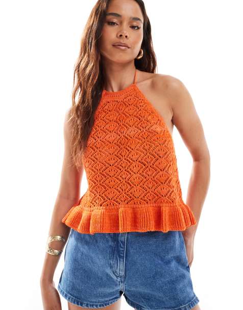 Miss Selfridge crochet halter neck top in orange - view 1