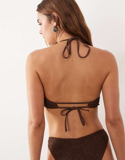 Miss Selfridge crochet halterneck faux pearl bikini top in chocolate, 3 of 4