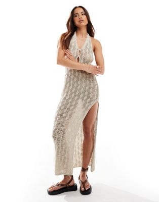 Miss Selfridge Crochet Halterneck Maxi Dress-neutral In White