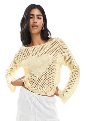 crochet heart tie back sweater in butter yellow-White