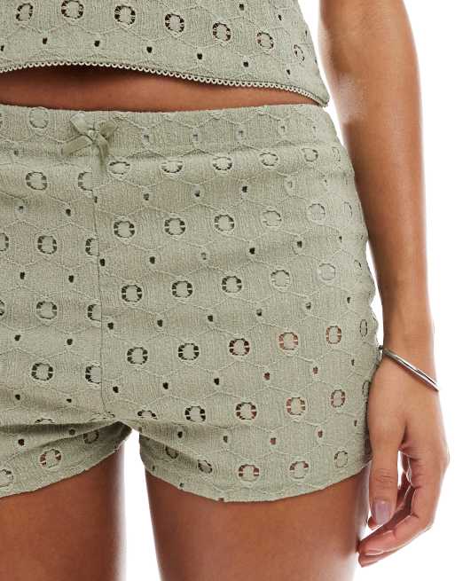 Miss Selfridge crochet jersey booty short co ord in khaki, 3 of 5
