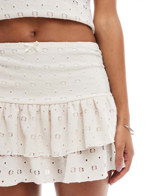 Miss Selfridge crochet jersey frill mini skort co ord in cream, 4 of 5