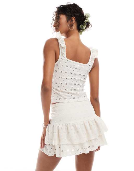 Miss Selfridge crochet jersey frill mini skort co ord in cream, 5 of 5