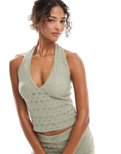 Miss Selfridge crochet jersey v neck top co ord in khaki