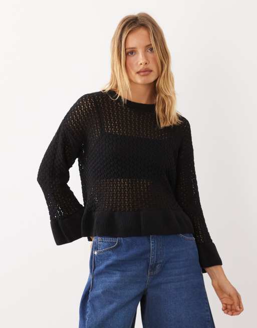 Miss Selfridge crochet jumper with peplum hem and sleeve in black, 2 of 4