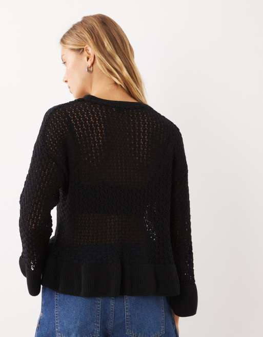 Miss Selfridge crochet jumper with peplum hem and sleeve in black, 4 of 4