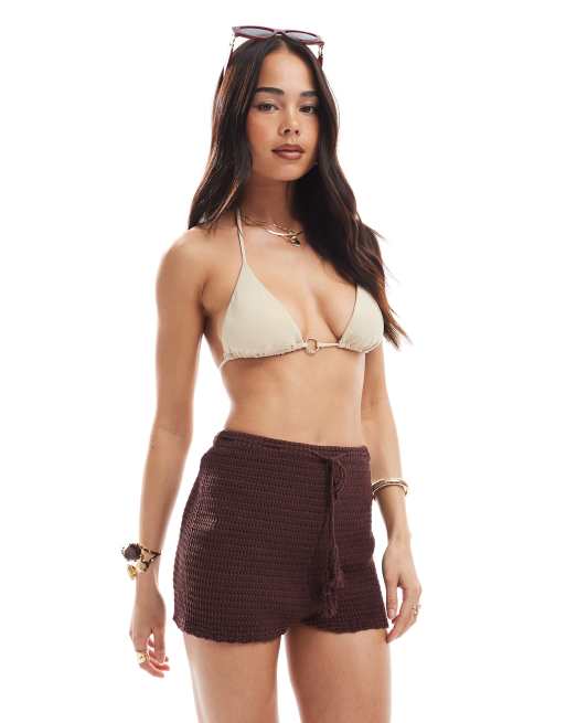 Miss Selfridge crochet knit booty shorts in chocolate