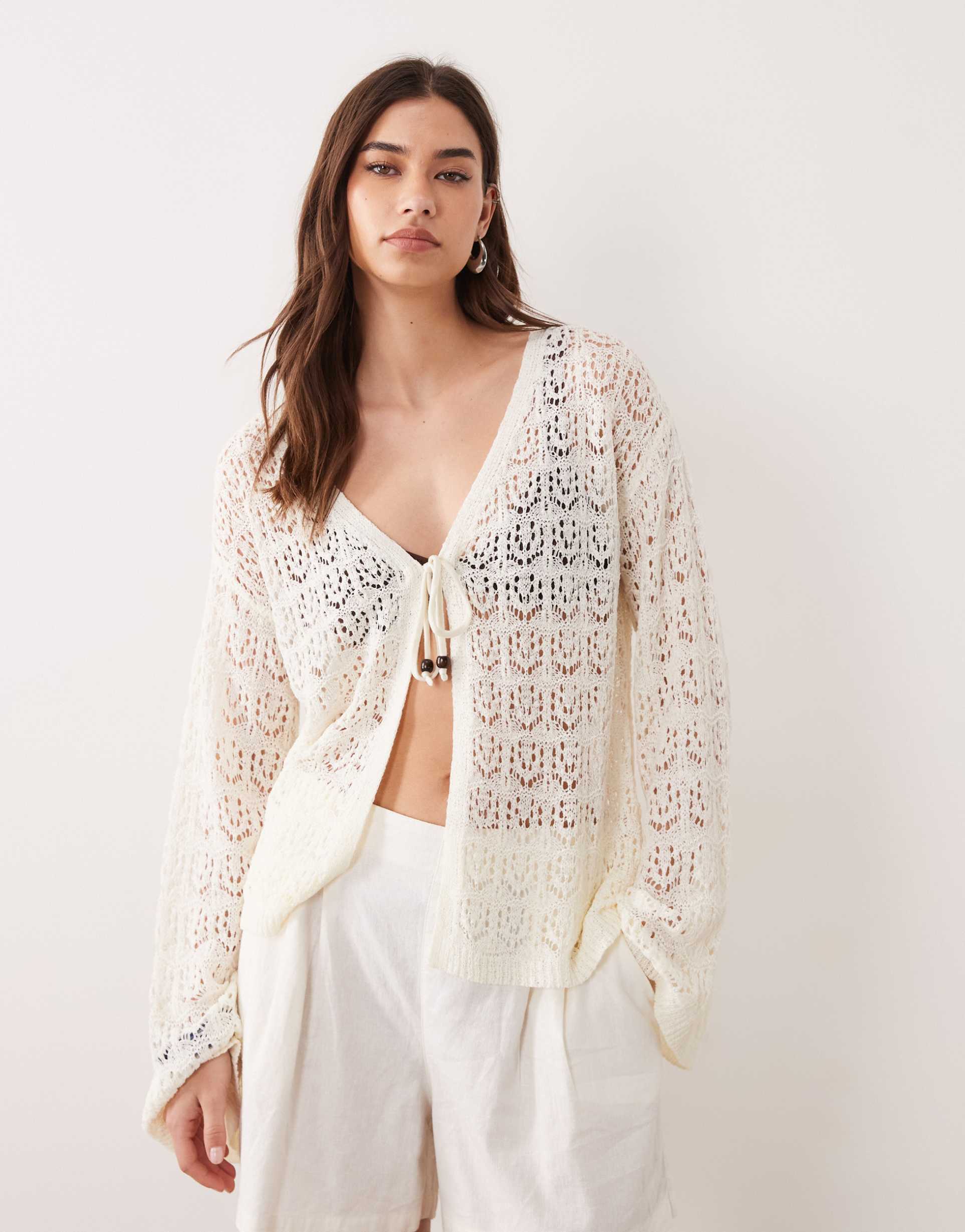 miss selfridge crochet knit long sleeve flared tie cardigan in cream