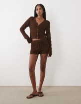 Miss Selfridge knit crochet V-neck cardigan & shorts set in