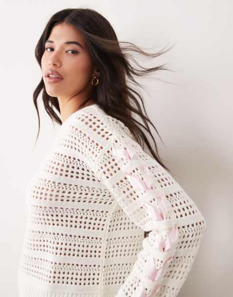 Miss Selfridge crochet knit top with satin bow sleeve detailing in cream - view 1