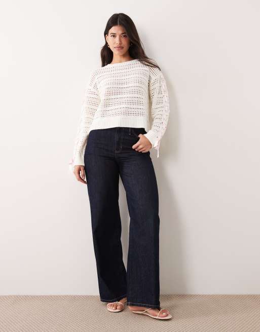 Miss Selfridge crochet knit top with satin bow sleeve detailing in cream , 2 of 4