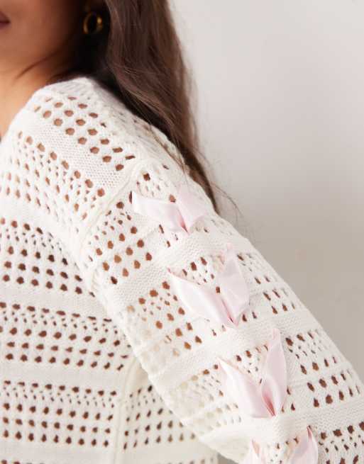 Miss Selfridge crochet knit top with satin bow sleeve detailing in cream , 3 of 4